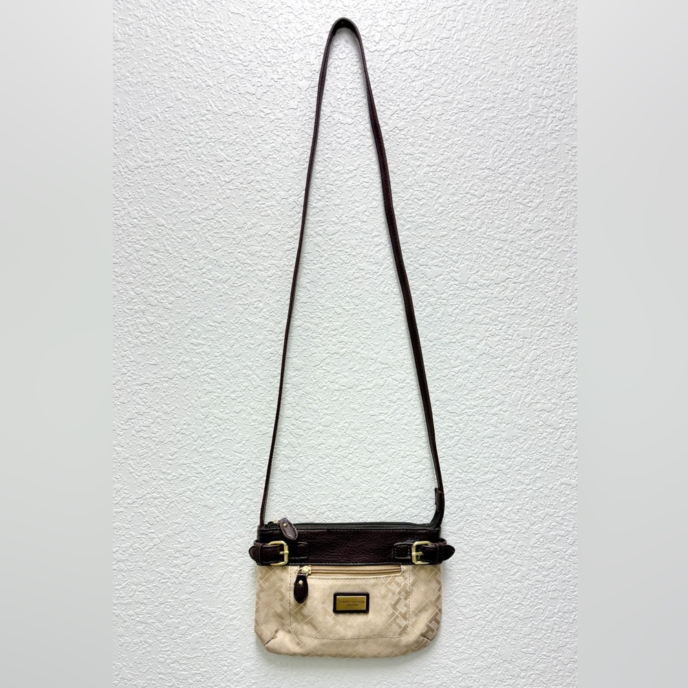 TOMMY HILFIGER Monogram Tan Logo Jacquard Crossbody Bag Purse Adjustable Strap